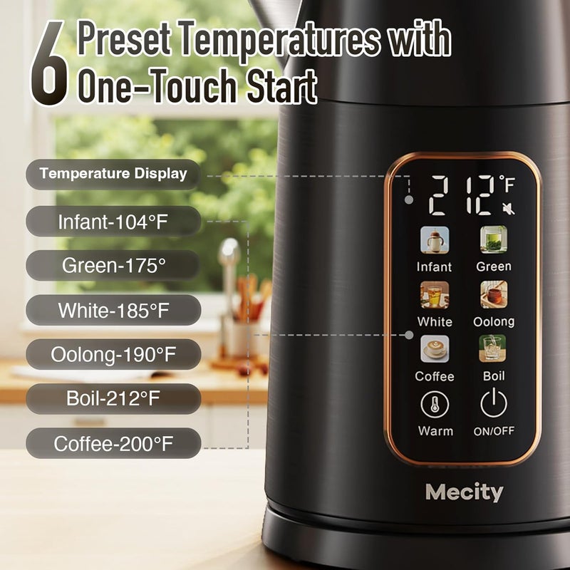 Mecity Electric Kettle 1.7L Touch Screen Temperature Control Water Boiler, No Plastic Contact with Water. 6 Preset Temperature Programs, 2 Hours Keep Warm, Black - Image 2